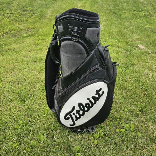 Titleist Tour Staff Golf Bag Black White Leather 6-way 9 Pockets W/ Rainhood