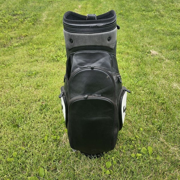 Titleist Tour Staff Golf Bag Black White Leather 6-way 9 Pockets W/ Rainhood