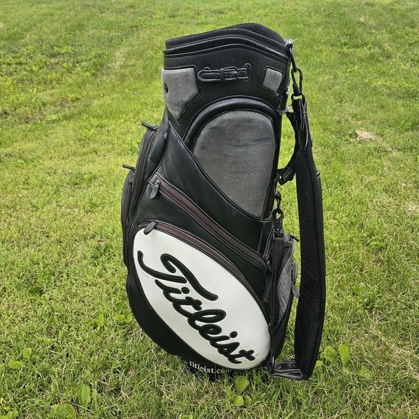Titleist Tour Staff Golf Bag Black White Leather 6-way 9 Pockets W/ Rainhood