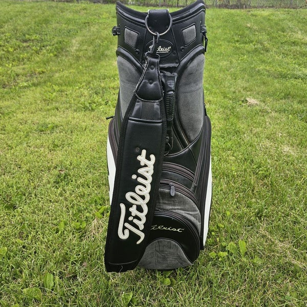 Titleist Tour Staff Golf Bag Black White Leather 6-way 9 Pockets W/ Rainhood