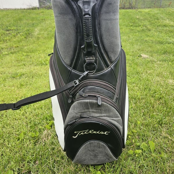Titleist Tour Staff Golf Bag Black White Leather 6-way 9 Pockets W/ Rainhood