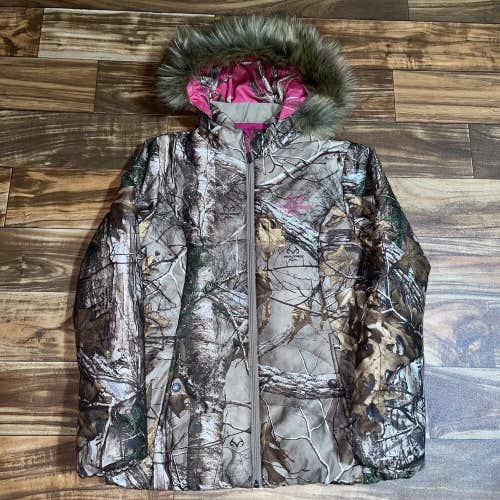 Realtree Xtra Jacket Womens Medium Camo Pink Puffer Fur Full Zip Coat Hunting M