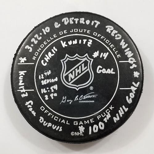 3-22-10 CHRIS KUNITZ 100TH NHL GOAL Penguins at Red Wings Game Used GOAL PUCK