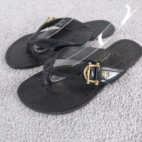 Tory Burch Womens 6.5 Thong Sandals Gold Logo Black Leather Flip Flop Shoes