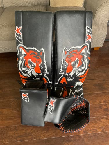 Custom Brian’s Goalie Pads, Glove, & Blocker Set - Tiger graphic