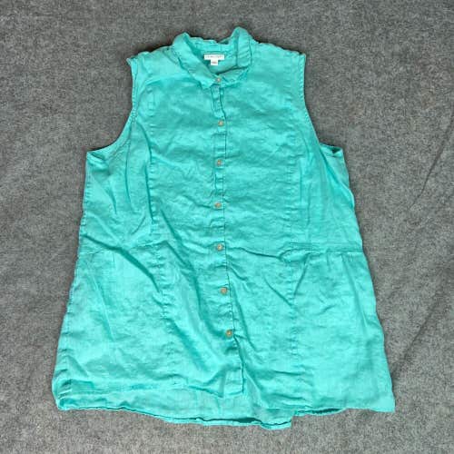 J Jill Womens Shirt Extra Large Blue Green Teal Linen Blouse Button Career Tunic