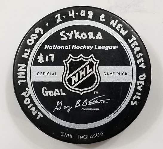 2-4-08 PETR SYKORA 600TH NHL POINT Penguins at NJ Devils Game Used GOAL PUCK