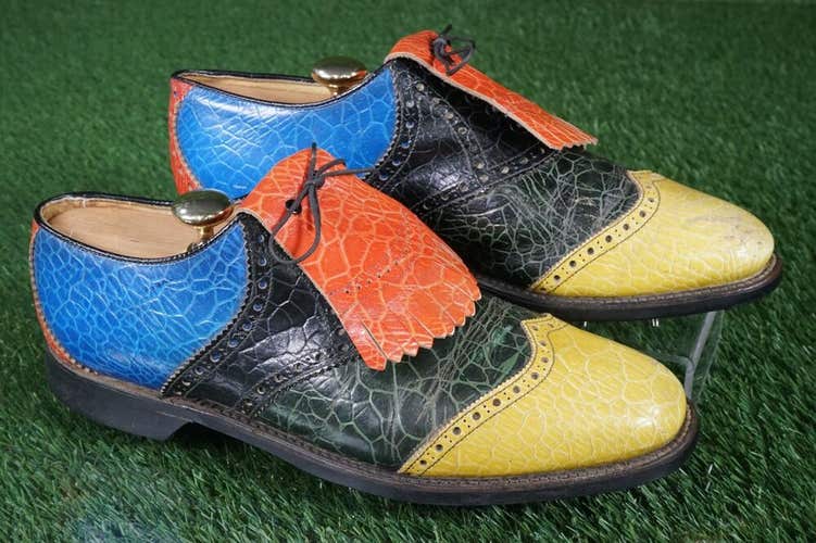 VINTAGE NEOLITE REPTILE WINGTIP GOLF SHOES CLEATS, MULTICOLORED MENS 9.5 ~ W@W!!