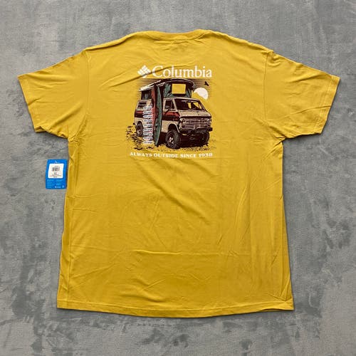 Columbia Sportswear Camper T Shirt Men 2XL Gold ALWAYS OUTSIDE Short Sleeve Logo