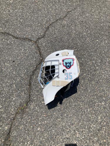 White Used Senior CCM Axis Pro Goalie Mask