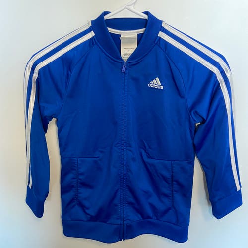 Adidas Youth Size 7 Blue Jacket, White Stripes and Logo. Full Zip Front.