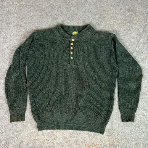 Cabelas Mens Sweater Medium Green Cable Knit Henley Button USA Made Outdoors Top