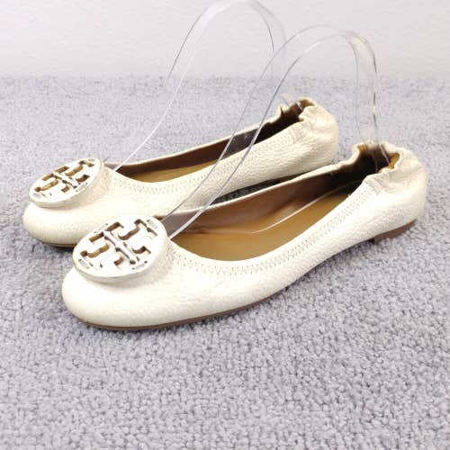 Tory Burch Reva Womens 7.5 Ballet Flats White Tumbled Leather Slip-On Shoes