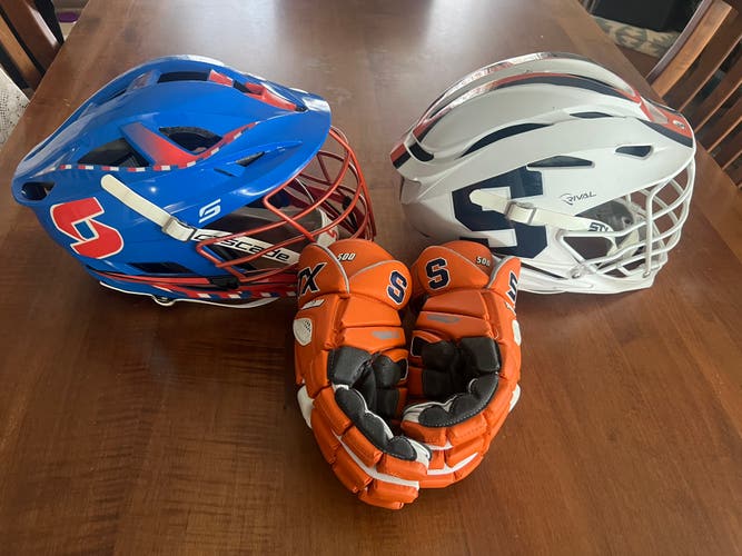 Syracuse University lacrosse 2 helmets and gloves bundle