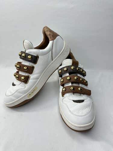Michael Kors Gertie White Brown Leather Gold Studded Straps Sneakers Womens 8M