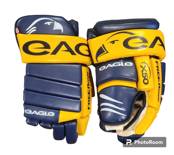 EAGLE X50 HOCKEY GLOVES 14" BLUE YELLOW MADE IN CANADA FORTE SABERS
