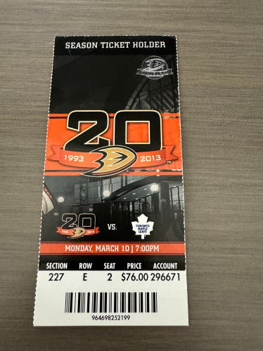 ANAHEIM DUCKS: 20th Anniversary Season Ticket Stub