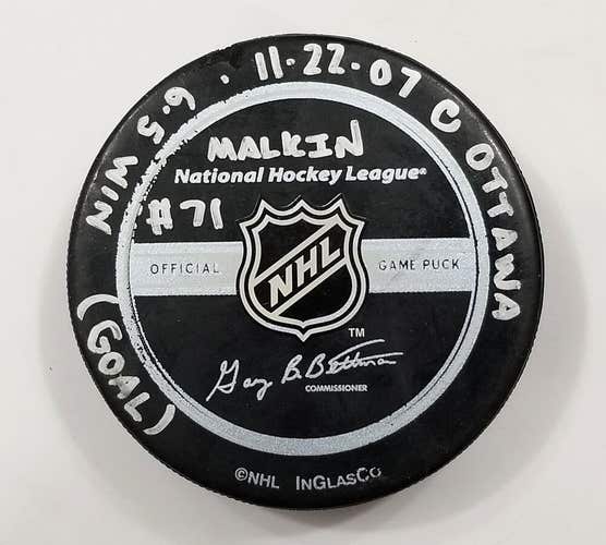 11-22-07 EVGENI MALKIN Pittsburgh Penguins at Ottawa Senator Game Used GOAL PUCK