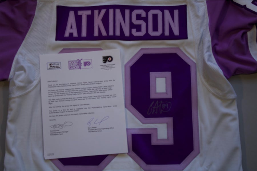 2021 Philadelphia Flyers Hockey Fights Cancer Cam Atkinson warm up worn jersey