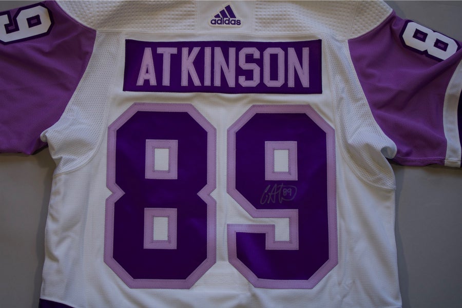 2021 Philadelphia Flyers Hockey Fights Cancer Cam Atkinson warm up worn jersey