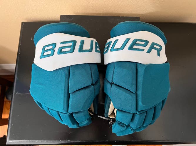 San Jose Sharks - Game Used - Bauer Supreme MACH Gloves - 14" Pro Stock - Nikolai Knyzhov - TEAL
