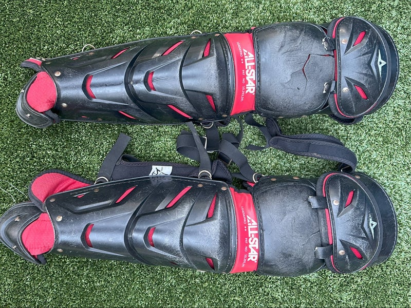 All-Star System 7 Axis 16.5" Adult Baseball Catcher's Leg Guards - Two Tone Black/Scarlet - Used