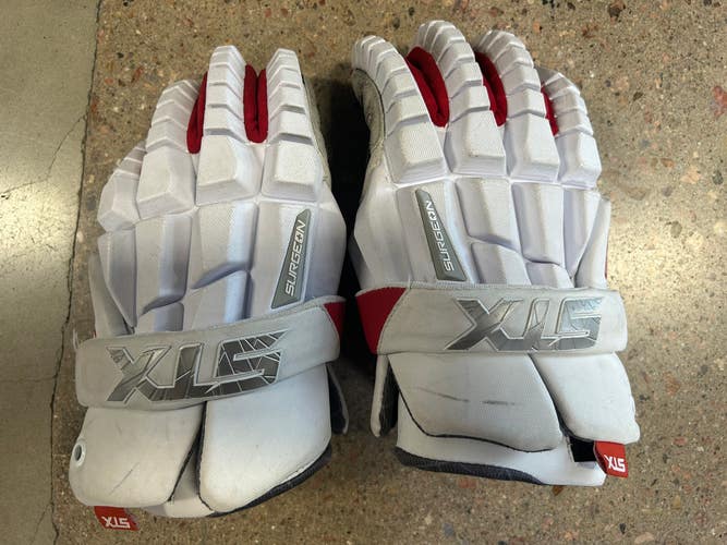 White Used STX Surgeon RZR Lacrosse Gloves 12"