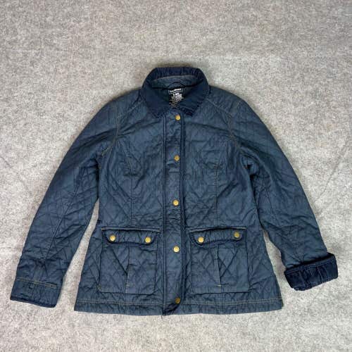 LL Bean Women Jacket Small Blue Quilted Riding Coat Snap Zip Chore Blanket Lined