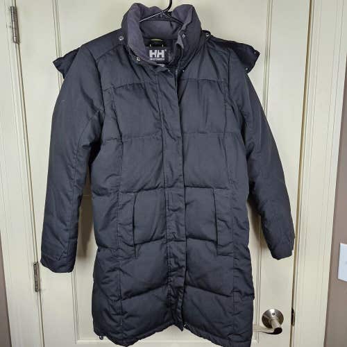 Helly Hansen Goose Down Puffer Jacket Long Coat Womens Size: S Black Wind Chill