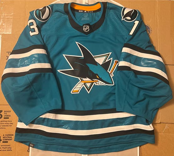 San Jose Sharks Team Issued Teal Home MiC Adidas Hockey Jersey 58G