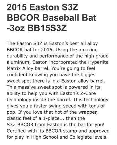 2015 Easton S3Z BBCOR -3 Baseball Bat