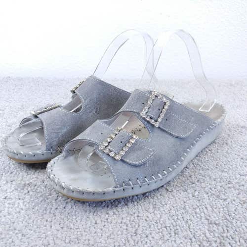 LA Plume Jen Womens 42 EU Shoes Gray Leather Slip On Rhinestone Sandals Leather