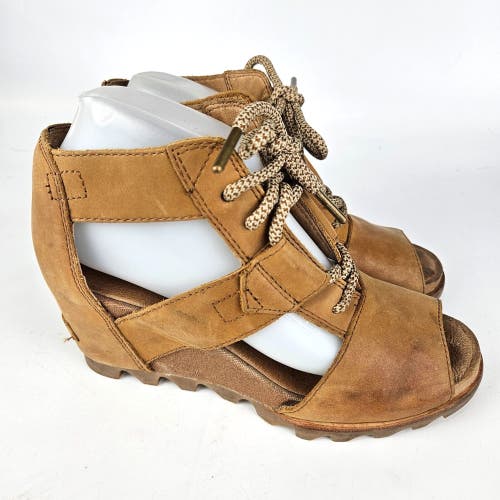 Sorel Joanie II Lace Wedge Sandal Womens Size 8.5 Saddle Brown Leather Shoe