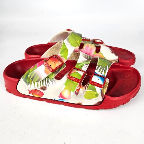 Birkis by Birkenstock Cuba Red Floral 3 Strap Buckle Slide Sandals Womens 40 / 9