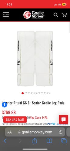 Fully set of Warrior goalie pads size 34