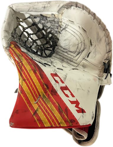 CCM Extreme Flex 5 - Used AHL Pro Stock Goalie Glove - Oscar Dansk (White/Red/Yellow)