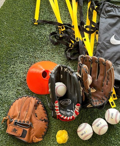 Young Fielder's Training Bundle - Infield Training Gloves, Safety Baseballs & Agility Trainers