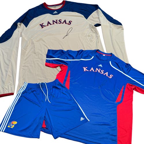 NCAA Jalen Wilson Kansas Jayhawks Signed Adidas Warmup Shirts & Shorts 3 Piece Lot - Fanatics