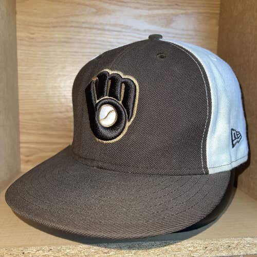 MIlwaukee Brewers New Era Fitted Hat Mens Size 7 5/8 Brown MLB Baseball Cap Rare