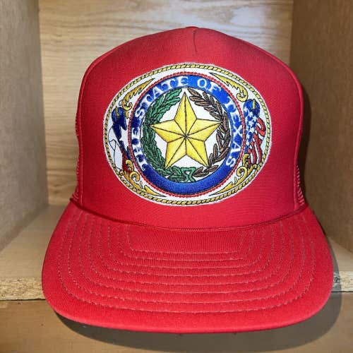 Vintage 90s The State of Texas Seal Patch Red Mesh Snapback Trucker Hat Cap