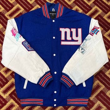 NEW YORK GIANTS NFL VARSITY JACKET NEW WITH TAGS AND LEATHER SLEEVES