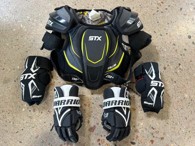 Used Youth Lacrosse Set Elbow pads(S) Warrior Gloves 9" STX Stallion 200+ Shoulder pads (s)