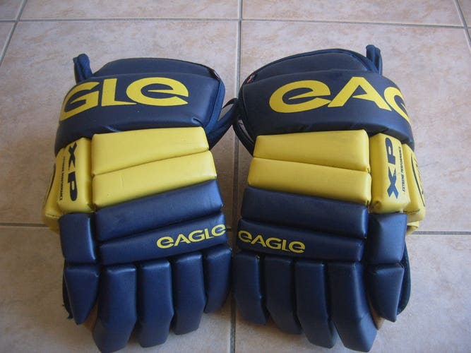 Good Condition Eagle X70i Senior Hockey Gloves sz 13" Rare Navy/Yellow Made in Canada