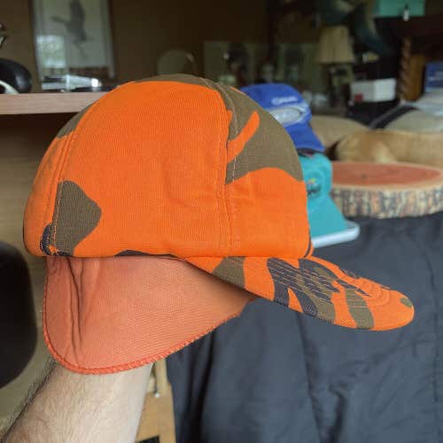 Vintage Duck Bay Hunting Hat Ear Flaps Blaze Orange Camo Insulated Trapper Cap