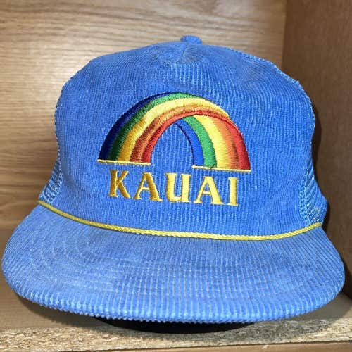 Vintage KAUAI Hawaii Rainbow Blue Corduroy Snapback Trucker Hat 1980s Cap Rare