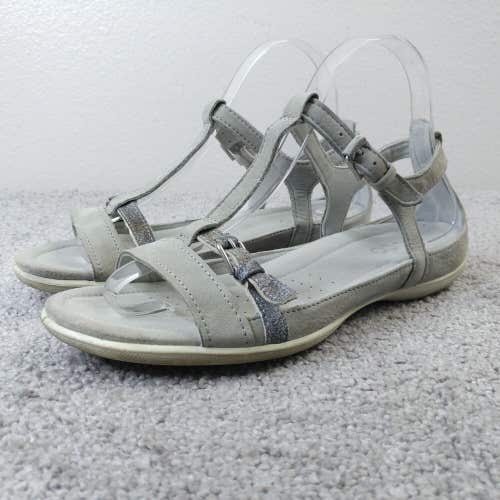 Ecco Flash Sandals Womens 7 Comfort Shoes Gray Silver Strappy Buckle T-Strap