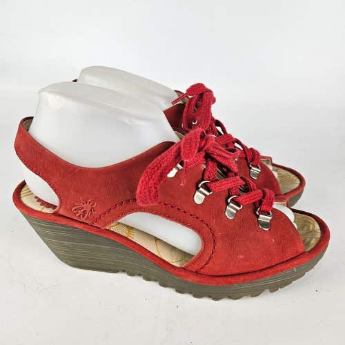 Fly London Ylfa Red Leather Sandals Womens Size 39 / 8 Lace Up Wedge Slingback