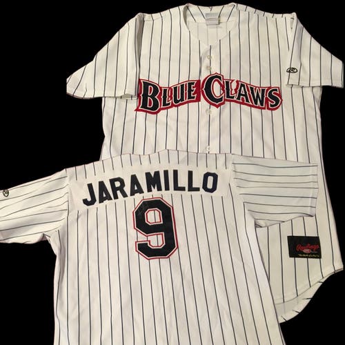 Lakewood BlueClaws (Phillies) Jason Jaramillo #9 MiLB Game Used Worn Jersey Rawlings Size 46