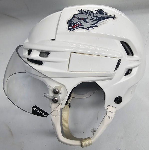 CCM TACKS 910 PRO STOCK HOCKEY HELMET SMALL WHITE WOLFPACK USED (2)(12539)