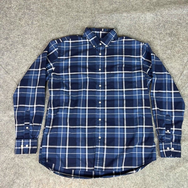 Uniqlo Men Shirt Large Blue White Button Plaid Cotton Muscle Top Causal Work Top